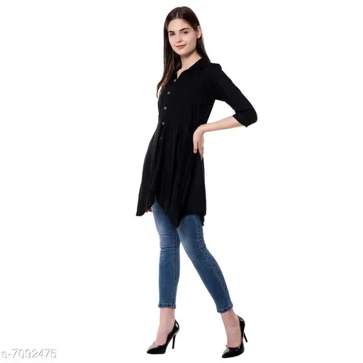 Black rayon women's top, solid design with three-quarter sleeves, available in XS to XXL sizes from India