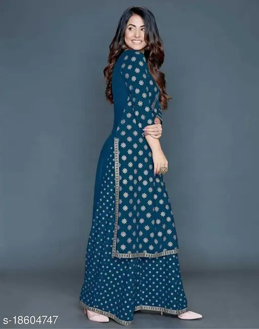 Charvi rayon women's kurta set with palazzos, printed net pattern, three-quarter sleeves - Indian ethnic fashion for S, M, L, XL, XXL sizes