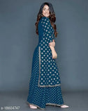 Charvi rayon women's kurta set with palazzos, printed net pattern, three-quarter sleeves - Indian ethnic fashion for S, M, L, XL, XXL sizes