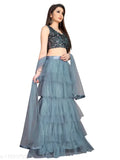 Grey net ceremonial A-line lehenga with sequined blouse, Indian semi-stitched traditional wear for events