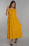 Mustard rayon flared printed kurti for women, sleeveless, vibrant Indian fashion