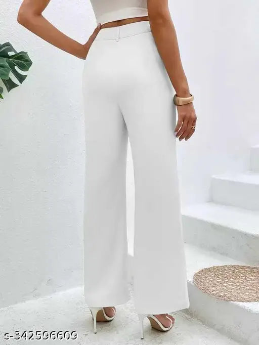 Trendy white cotton blend women's trousers, lycra, solid net, versatile fit for office wear