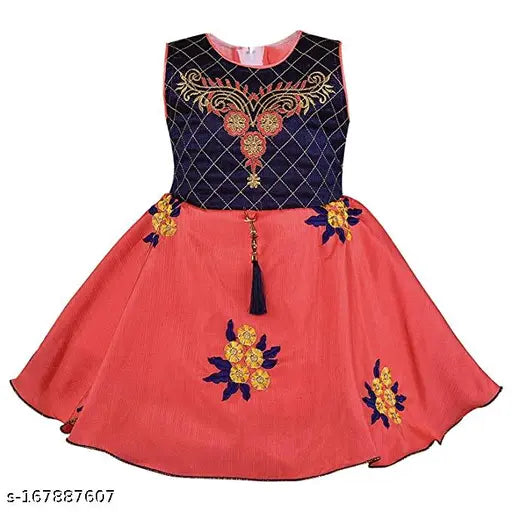 Silver satin embroidered net knee-length dress for baby girls (fe2798t), India origin