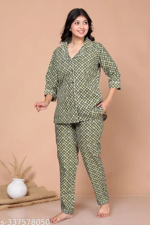 Cotton printed blue top & pyjama set, three-quarter sleeves, comfortable nightwear for women, summer nighty on hanger, India origin