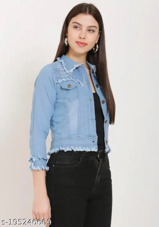 Light blue denim teen patti jacket, solid pattern, three-quarter sleeves, men's fashion accessory