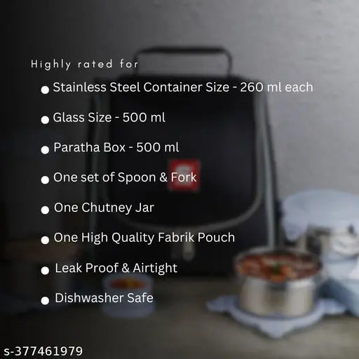 Stainless steel Refresh7 insulated lunch pack with chutney jar, paratha container, and plastic glass. Grey fabric bag carrier. Ideal for office, school, college, and workplace