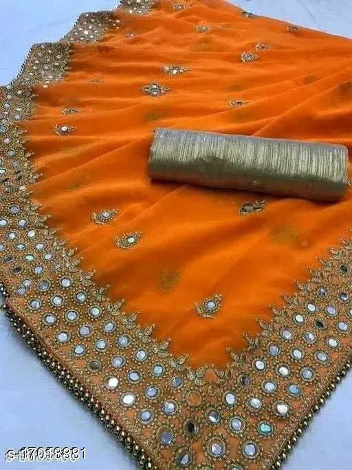 Embroidered Georgette mirror trend saree with separate dupion silk blouse, free size