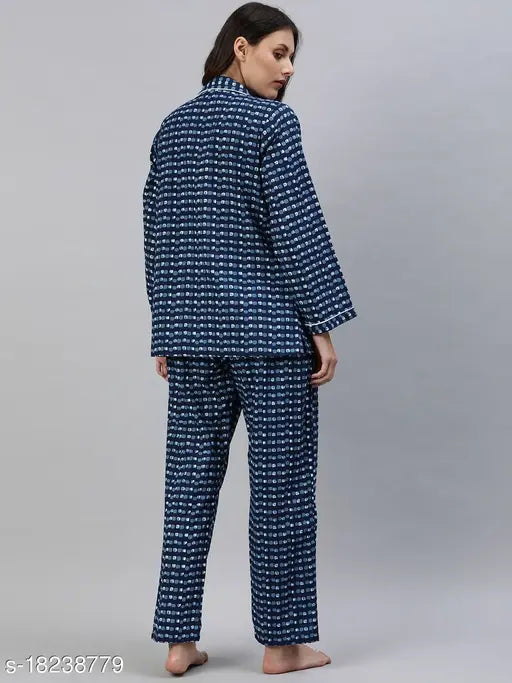 Divena Blue Printed Nightsuit - Cotton nightshirt and pyjama set with long sleeves and printed pattern, available in various sizes from XS to 7XL, made in India