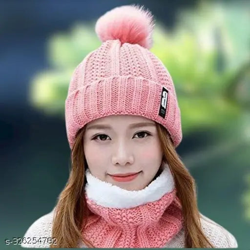 Woolen self-design winter scarf & hat set, warm and fashionable for ladies (Pack of 1), made in China