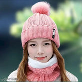 Woolen self-design winter scarf & hat set, warm and fashionable for ladies (Pack of 1), made in China
