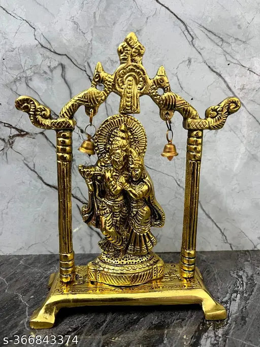 Gold plated Radha Krishna idol statue decor, 7cm x 14cm x 20cm, Indian handcrafted spiritual gift