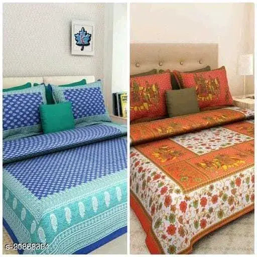 Cotton printed queen double bed sheet & 2 matching pillow covers combo, vibrant design on white cotton fabric