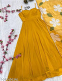 Yellow Georgette sleeveless gown, solid flower pattern on display stand, size M for bust 10in & length 48in, made in India