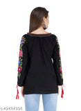Black rayon embroidery top for women, long sleeves, formal/casual occasion, SAAKAA India origin