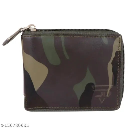 PU men's army round zip wallet, free size checked pattern, crafted in India