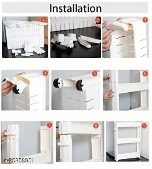 White plastic kitchen trolley with 5 tier slim storage racks, wheels included, ideal for organizing kitchen supplies or household items