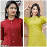 Solid cotton straight kurta, three-quarter sleeves for women, Indian handloom in 4 colors - M (38in), L (40in), XL (42in), XXL (44in)