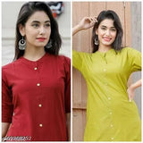 Solid cotton straight kurta, three-quarter sleeves for women, Indian handloom in 4 colors - M (38in), L (40in), XL (42in), XXL (44in)