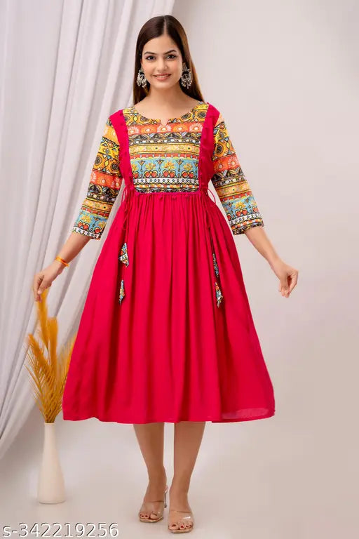 Rayon A-line printed Anarkali kurti for women, vibrant solid design with three-quarter sleeves, Indian fashion on display