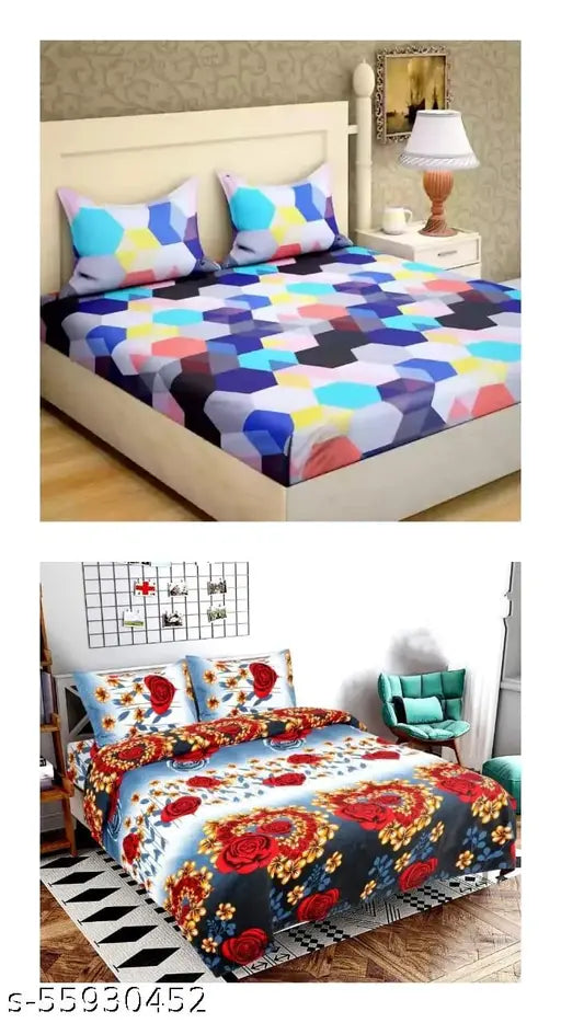 3D printed polycotton double flat sheets, 144 thread count, 4 pillow covers, ideal for adults. Made in India