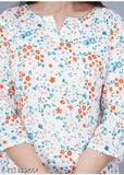Viscose rayon floral print winter top and pyjama set (White Blue) - V-neck, three-quarter sleeves nightdress for women