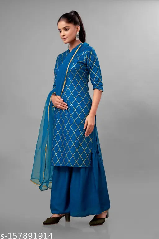 Checkered cotton kurti sharara set with net dupatta, single size S-XXL, Indian clothing