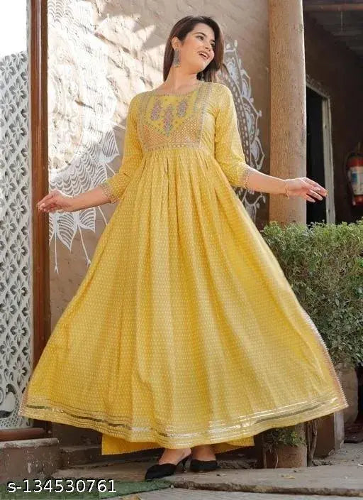 Rayon embroidery Anarkali kurti, printed combo for women's fashion. Three-quarter sleeve style, L & XL sizes available, made in India