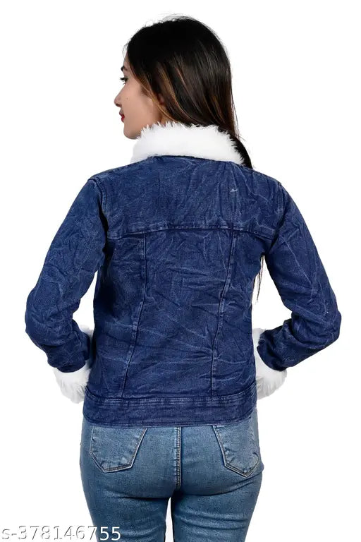 Designer denim jacket, solid pattern, women's ethnic wear under budget. Long sleeves, Indian-made, S, M, Free Size available