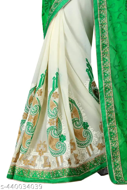 Green Georgette Krishna Embroidery Half N Half Saree with embroidered net blouse, soft and flowing Bollywood fashion from India