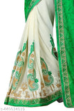 Green Georgette Krishna Embroidery Half N Half Saree with embroidered net blouse, soft and flowing Bollywood fashion from India
