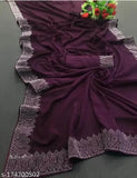 Vichitra Silk saree with HOT FIX BORDER 100, solid pattern and diamond work lace border - India