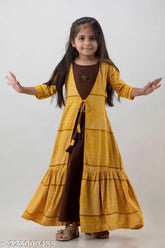 Multicolor rayon Anarkali kurta with printed net pattern, three-quarter sleeves. Beautiful yellow & maroon full length jacketed design for girls aged 5-8 years, lightweight and Indo-Western style
