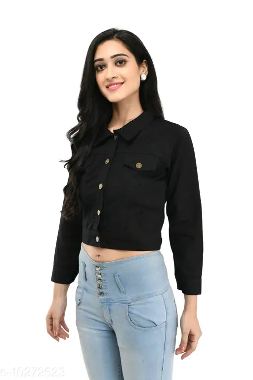 Cotton blend black jacket for women, solid design, long sleeves - S (bust 34in, length 17in), made in India