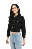 Cotton blend black jacket for women, solid design, long sleeves - S (bust 34in, length 17in), made in India