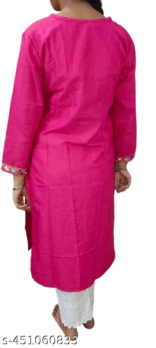 Embroidered woolen straight kurta/pashmina kurti, solid color, three-quarter sleeves. Women's fashion wear from India