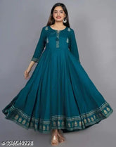 Rudraksha embroidered rayon flared Anarkali Kurta gown for women, three-quarter sleeve, printed combo. Rayon, India origin