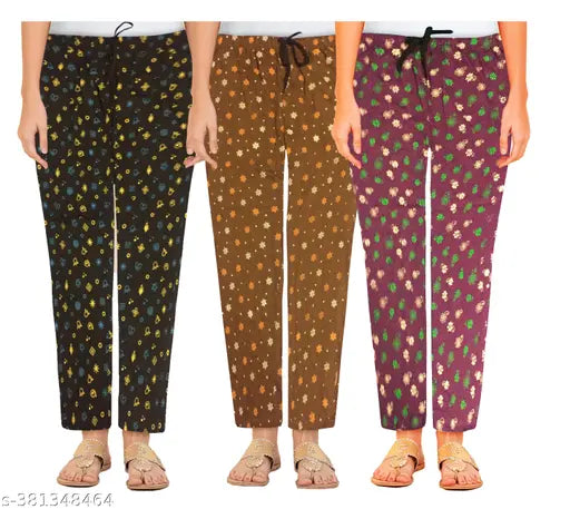 Maxi cotton pyjama set of 3 in attractive multi-color flower print, suitable for L, XL, XXL sizes. Made in India