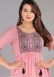 Pink Vicose Rayon below knee gown with embroidered front panel, three-quarter sleeves, and side tassel - Indian festive wear