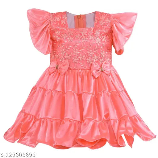 Peach satin blend frock dress, embroidered net pattern on short sleeves, 1-2 years size, spruce up wardrobe, India-made kids' fashion
