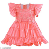 Peach satin blend frock dress, embroidered net pattern on short sleeves, 1-2 years size, spruce up wardrobe, India-made kids' fashion