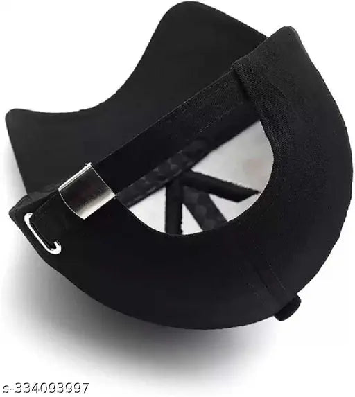 Black cotton baseball cap embroidered with stylish sunglass and analog watch for men, accessory on display stand