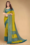 Chiffon brasso tilak print jhaler saree with matching border and unstitched blouse. Traditional Indian saree featuring tassels, latkans, and striped pattern. Perfect for weddings, parties, and gatherings. Fit for young women and ladies. Made from Jacquard fabric, free size (5m saree length, 0.8m blouse length). Origin: India