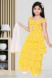 Yellow chiffon kurta & palazzo set for kids, printed anarkali top with dupatta and sleeveless sharara bottoms. Indian ethnic wear for girls, trendy new Eid special outfit