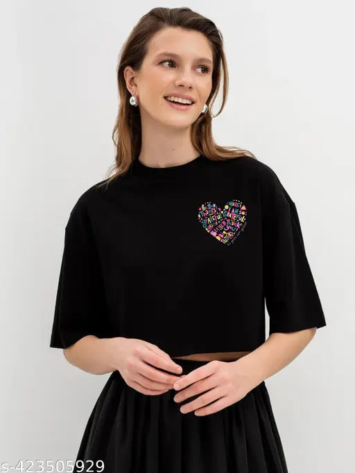 Pink heart half-sleeve black cotton crop top, loose fit, crew neck, casual summer wear for women and girls (S - XL)