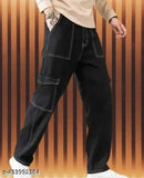 Black denim men's cargo pants with six pockets, made in India