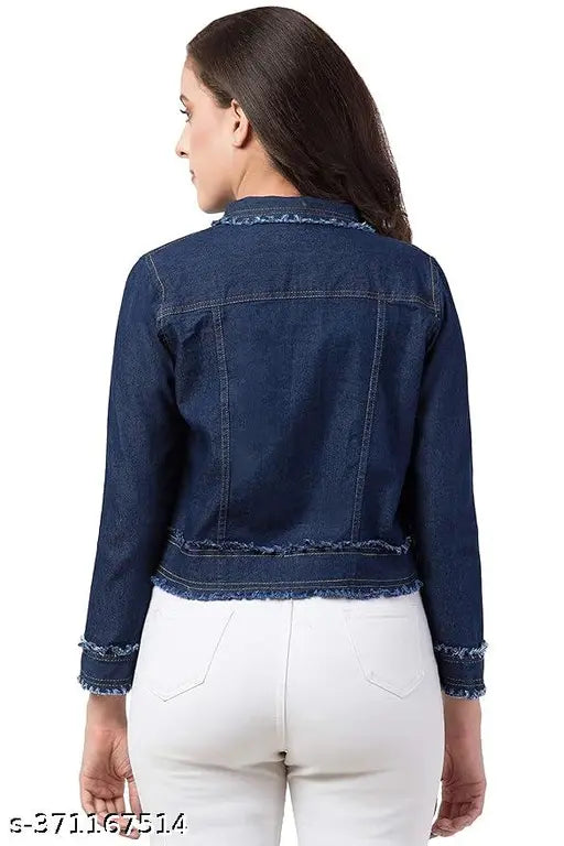 Stylish girls denim jacket, solid navy blue long sleeves, popular choice for teen fashion