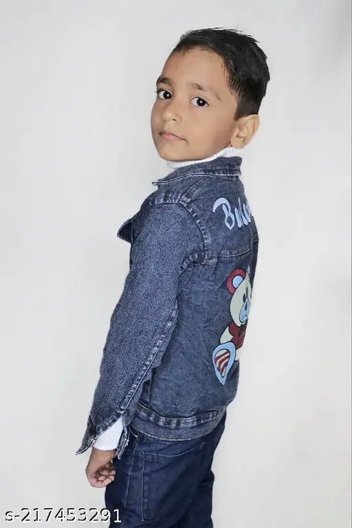 Blue denim kids' jacket with printed net design, featuring long sleeves and two styles for 2-3, 3-4, 4-5, and 5-6 years old. Indian origin