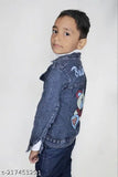 Blue denim kids' jacket with printed net design, featuring long sleeves and two styles for 2-3, 3-4, 4-5, and 5-6 years old. Indian origin