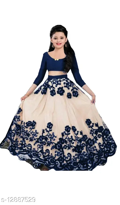 Girls pack of 3 satin lehengas with net dupattas, embroidered and stitched, in various sizes (9-10 to Free Size). Indian traditional wear on display rack