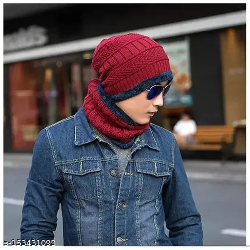 Maroon wool QUEERY Winter Song Ting Cap with cozy neck warmer - 2-in-1 women's winter hat & scarf set, ideal for outdoor activities and daily wear (India)